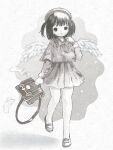  1girl bag black_bag black_hair dress feathered_wings feathers grey_dress grey_footwear greyscale hand_up hat highres holding holding_bag medium_hair monochrome original shiromomo_sofuto shoes solo star_(symbol) white_wings wings 
