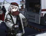  1boy 1girl 9a-91 9a-91_(girls&#039;_frontline) alternate_costume assault_rifle beret blue_eyes box card codename:_bakery_girl english_commentary english_text girls&#039;_frontline gnom_na_korable grey_hair griffin_&amp;_kryuger gun gun_sling hair_ornament hat highres holding holding_box holding_card holding_gun holding_weapon id_card jacket motor_vehicle red_scarf reverse_collapse_(series) rifle russian_text scarf scope shorts sign star_(symbol) star_hair_ornament translated truck warning_sign weapon white_jacket white_shorts 