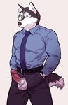  2017 anthro balls belt biped black_fur black_nose black_tail blue_clothing blue_eyes blue_shirt blue_topwear canine clothed clothing digital_media_(artwork) dog dress_shirt erection front_view fur glans grey_background grey_bottomwear grey_clothing grey_pants hands_in_pockets humanoid_penis husky keigo_(maririn) male mammal maririn multicolored_fur multicolored_tail necktie pants penis pink_penis poking_out shirt simple_background snout solo standing two_tone_fur two_tone_tail vein veiny_penis watch white_balls white_fur white_tail 