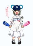  1girl :d aged_down anchovy_(girls_und_panzer) baseball_bat baseball_cap baseball_jersey black_footwear black_ribbon blue_hat braid braided_ponytail chunichi_dragons collar commentary_request dress frilled_collar frilled_dress frilled_sleeves frilled_socks frills full_body girls_und_panzer green_hair hair_ribbon hat highres holding holding_baseball_bat layered_sleeves long_dress long_hair long_sleeves looking_at_viewer mary_janes nippon_professional_baseball oosaka_kanagawa open_mouth partial_commentary red_eyes ribbon shirt shoes short_over_long_sleeves short_sleeves simple_background single_braid smile socks solo translated white_background white_dress white_shirt white_socks 