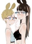  2017 2girls animal_ears asymmetrical_docking black_bra blonde_hair blue-framed_eyewear blue_eyes blunt_bangs bra breast_press breasts brown_eyes brown_hair closed_mouth comitia dated expressionless extra_ears flat_chest glasses grey_bra hara_(pencilpen) height_difference highres jitome looking_at_viewer multiple_girls nape original parted_lips rabbit_ears red-framed_eyewear short_hair simple_background small_breasts sports_bra standing swept_bangs underwear upper_body white_background white_bra 