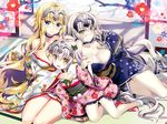  :d adjusting_hair ahoge arm_up bangs bare_legs bare_shoulders bare_tree bell between_breasts black_choker black_footwear black_kimono black_panties blonde_hair blue_eyes blush bow breast_press breasts choker cleavage closed_mouth collarbone day eyebrows_visible_through_hair fate/grand_order fate_(series) floral_print fujima_takuya full_body fur-trimmed_legwear fur_collar fur_trim green_bow hair_bow hand_in_hair hand_on_another's_head head_between_breasts headpiece indoors japanese_clothes jeanne_d'arc_(alter)_(fate) jeanne_d'arc_(fate) jeanne_d'arc_(fate)_(all) jeanne_d'arc_alter_santa_lily kimono large_breasts light_frown long_sleeves looking_at_viewer multiple_girls nose_blush obi off_shoulder on_floor open_mouth panties pantyshot pink_kimono pom_pom_(clothes) reclining ribbon sash seiza shiny shiny_skin sitting sliding_doors smile socks striped striped_ribbon sunlight tabi tareme tatami thigh_gap tree underwear white_hair white_kimono wide_sleeves yellow_eyes 