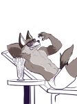 anthro bottomwear canid canine canis clothing coyote eyewear hi_res male mammal maninott mr_coyote_(el_koyote) relaxing shrimp_(food) simple_background simple_coloring solo sunglasses swimming_trunks swimwear