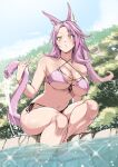  1girl animal_ear_fluff animal_ears aoi_takeru barefoot bikini breasts cat_ears commission duel_monster front-tie_bikini_top front-tie_top highres large_breasts long_hair navel pink_hair side-tie_bikini_bottom skeb_commission solo swimsuit tail tri-brigade_ferrijit_the_barren_blossom yellow_eyes yu-gi-oh! 