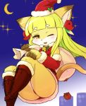  boots brown_eyes character_request christmas_clothes christmas_hat fullbokko_heroes furry green_hair long_hair one_eye_closed takeshi_kemo 