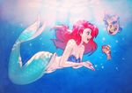  :d air_bubble ariel_(disney) artist_name bare_shoulders bikini_top blue_bikini_top blue_eyes blush breasts bubble cleavage clownfish company_connection crossover day eye_contact finding_nemo fish flounder_(the_little_mermaid) from_side full_body long_hair looking_at_another medium_breasts mermaid monster_girl nana_nakano navel nemo open_mouth own_hands_together profile red_eyes red_hair scales shell shell_bikini smile sunlight tareme the_little_mermaid underwater 