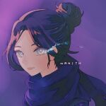 1girl animification apex_legends black_hair black_scarf blue_eyes character_name chimo_(rucchi16ren) expressionless hair_behind_ear hair_bun highres looking_at_viewer nose_piercing piercing pink_lips purple_background scarf single_hair_bun solo wraith_(apex_legends) 