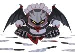  absurdres alternate_costume apron bat_wings blood blood_on_clothes blood_on_knife dark_meta_knight highres kirby_(series) knife maid maid_apron maid_headdress mask no_humans scar shibulio simple_background too_many too_many_knives torn_wings white_background wings yellow_eyes 