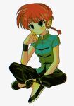  1girl black_footwear blue_eyes blush_stickers braid braided_ponytail breasts highres menma_(enaic31) ranma-chan ranma_1/2 red_hair simple_background solo 