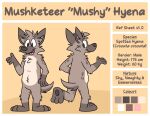 anthro brown_body brown_eyes brown_fur brown_nose brown_pawpads detailed_background english_text fur hyena male mammal markings model_sheet mushketeery mushy_(mushketeery) open_mouth pawpads simple_background smile solo spots spotted_hyena spotted_markings tan_body tan_fur text tongue_showing white_background yellow_background