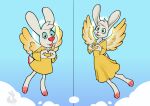 angel angel_gabby angel_hare angel_hare_(the_east_patch) anthro clothing digital_media_(artwork) dress duo feathered_wings feathers female flying freckles gesture hair halo hand_heart hare heart_symbol hi_res lagomorph leporid looking_at_viewer mammal mancoin open_mouth rabbit shirt simple_background sky smile tail the_east_patch topwear tunic wings