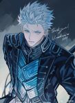  1boy coat devil_may_cry_(series) devil_may_cry_5 hair_slicked_back highres holding holding_sword holding_weapon katana lolvivianli looking_at_viewer male_focus pale_skin solo sword vergil_(devil_may_cry) weapon white_hair yamato_(sword) 