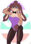 absurd_res anthro blue_eyes bow_tie breasts brown_body brown_fur brown_hair clothed clothing digital_media_(artwork) female fur hair hi_res jorge-the-wolfdog lagomorph leporid long_ears looking_at_viewer lop_(star_wars_visions) mammal playboy_outfit rabbit simple_background smile solo star_wars star_wars_visions