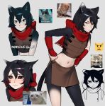  1girl absurdres angry animal_ears armor breastplate cat cat_ears cat_girl cat_tail dungeon_meshi english_text fingerless_gloves frown gloves highres izutsumi lavelis midriff photo-referenced scarf simple_background skirt solo sweat tail vambraces 