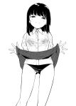  1girl absurdres bra breasts clothes_lift collared_shirt earrings greyscale highres jewelry lifted_by_self long_hair looking_at_viewer monochrome original panties see-through shirt simple_background skirt skirt_lift small_breasts smile solo suzuki_nago underwear 