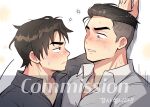  2boys bad_id bad_twitter_id bara blush check_copyright copyright_request couple eye_contact facial_hair from_side highres kabedon looking_at_another male_focus mature_male multiple_boys original parted_lips profile sideburns_stubble squeans stubble thick_eyebrows wasted_m9 watermark yaoi 