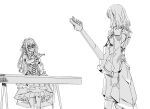  2girls bad_id bad_pixiv_id bang_dream! bang_dream!_it&#039;s_mygo!!!!! corset gloves greyscale guitar highres holding holding_guitar holding_instrument instrument junjun_(kimi-la) long_hair mask masquerade_mask medium_hair misumi_uika monochrome multiple_girls offering_hand shirt sidelocks simple_background skirt standing togawa_sakiko white_background 