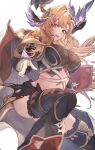  1girl absurdres asaikeu breasts brown_eyes brown_hair cloak gloves granblue_fantasy hair_ornament highres hood hooded_cloak large_breasts leggings long_hair midriff open_mouth tweyen_(granblue_fantasy) 