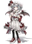  1girl absurdres bat_wings closed_mouth commentary full_body grey_hair hat hat_ribbon highres looking_at_viewer mob_cap ougiikun red_eyes red_footwear red_ribbon remilia_scarlet ribbon shirt short_hair short_sleeves simple_background skirt solo standing touhou white_background white_shirt white_skirt wings wrist_cuffs 