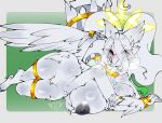 anthro avante92 big_breasts blush breasts dragon feathered_wings feathers female fur furred_dragon generation_5_pokemon gold_(metal) gold_jewelry green_eyes hair halo hi_res huge_breasts jewelry legendary_pokemon lying mythological_creature mythological_scalie mythology nintendo nipples on_front pokemon pokemon_(species) reshiram scalie smile solo tail white_body white_fur white_hair wide_hips wings