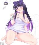  1girl asahi_breweries barefoot beer_can black_hair black_pubic_hair blunt_bangs blush bottomless bow breasts camisole can chicken_tatsumaki_curry colored_inner_hair commentary_request cookie_(touhou) covered_nipples drink_can drunk earrings electric_fan female_pubic_hair full_body hair_bow highres hime_cut holding holding_can jewelry large_breasts long_hair looking_at_viewer medium_bangs mole mole_under_eye multicolored_hair nipple_slip nipples open_mouth pubic_hair purple_bow purple_hair pussy shunga_youkyu sidelocks simple_background smile solo squeans star_(symbol) star_earrings star_sapphire touhou uncensored white_background white_camisole 