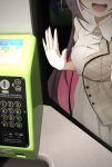  1girl azki_(4th_costume)_(hololive) azki_(hololive) black_hair collared_dress colored_inner_hair dress hand_on_glass head_out_of_frame highres hololive long_hair multicolored_hair open_mouth payphone phone phone_booth pink_hair smile solo streaked_hair suzuushi virtual_youtuber white_hair 