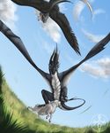  black_feathers caprine day dragon feathered_wings feathers flying grass horn mammal outside pechschwinge sheep sky wings wyvern 
