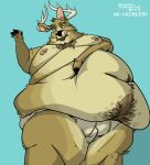 absurd_res anthro antlers belly belly_hair belly_overhang body_hair briefs chest_hair clothing deer english_text facial_hair fatpad hi_res hooves horn looking_down love_handles male mammal moobs morbidly_obese mustache new_world_deer obese obese_male overweight overweight_male southernyote text thick_thighs tighty_whities underwear white-tailed_deer white_briefs white_clothing white_underwear