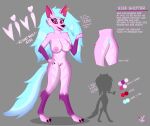 anthro blue_hair breasts canid canine canis english_text female hair hi_res larger_female mammal model_sheet pink_body red_eyes size_difference solo tail text vivi_(vivzlover) vivzlover wolf