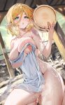  1girl :o alternate_breast_size bath bathing blonde_hair blush breasts cleavage heavy_breathing highres large_breasts nude onsen open_mouth pointy_ears princess_zelda short_hair shuri_(84k) steam the_legend_of_zelda thighs water wet wet_hair 