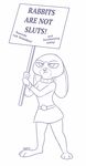  2016 anthro barefoot belt blue_and_white clothed clothing disney english_text female frown holding_object humor judy_hopps lagomorph mammal monochrome rabbit sign signature simple_background solo standing text tggeko white_background zootopia 