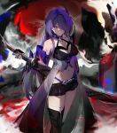 1girl acheron_(honkai:_star_rail) bandaged_leg bandages black_shorts breasts cleavage coat commentary elphe feet_out_of_frame hair_over_one_eye highres holding holding_sword holding_weapon honkai:_star_rail honkai_(series) katana large_breasts long_hair looking_at_viewer midriff navel purple_eyes purple_hair scabbard sheath sheathed short_shorts shorts single_bare_shoulder solo standing stomach sword very_long_hair weapon 