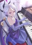  1girl bare_shoulders blue_archive bow collarbone commentary_request dangle_earrings demon_girl demon_horns demon_wings dress earrings elbow_gloves evening_gown gem gloves grand_piano hair_bow hair_ribbon halo highres hina_(blue_archive) hina_(dress)_(blue_archive) horns instrument jewelry long_hair looking_at_viewer music nikulas_cage parted_bangs pearl_(gemstone) pendant piano piano_bench piano_keys playing_instrument playing_piano ponytail purple_dress purple_eyes purple_gloves ribbon sidelocks smile solo strapless strapless_dress tile_floor tiles wavy_hair white_hair wings 