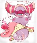  1girl ? after_sex atrizr blue_eyes breasts colored_skin cum cum_in_pussy cyclops flame-tipped_tail hair_horns half-closed_eyes large_breasts lying monster_girl nipples on_back one-eyed pillow pointy_ears purple_skin shunmin_(youkai_watch) sleep_molestation solo speech_bubble spoken_question_mark topless waking_up youkai_watch youkai_watch_world 