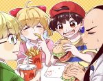  1girl 3boys baseball_cap black_hair blonde_hair blue_eyes blush burger cyappy1022 drinking_straw food french_fries glasses hat highres jeff_andonuts mother_(game) mother_2 multiple_boys ness_(mother_2) paula_(mother_2) poo_(mother_2) shirt short_hair smile striped_clothes striped_shirt 