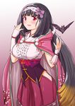  bangs bat black_hair blush breasts brown_hair fate/grand_order fate_(series) gradient_hair hairband highres large_breasts long_hair looking_at_viewer low_twintails multicolored_hair open_mouth origami osakabe-hime_(fate/grand_order) purple_eyes smile solo takuji_yuusaku twintails very_long_hair 