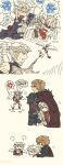  1girl 2boys angel armor black_gloves blonde_hair braid breastplate cape chibi coat detached_sleeves feathered_wings flying gloves greaves head_wings hiding hiding_behind_another highres holding holding_staff multiple_boys nigel_(unicorn_overlord) ochlys_(unicorn_overlord) pants pauldrons red_cape red_pants red_shirt sanatio_(unicorn_overlord) sdkafka shirt short_hair shoulder_armor simple_background spiked_pauldrons staff sweat twin_braids unicorn_overlord upper_body white_background white_coat wings 