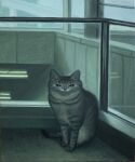  animal animal_focus black_cat cat closed_mouth commentary_request full_body highres indoors karin_hosono looking_at_viewer no_humans original realistic sitting solo traditional_media window 