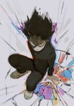  absurdres arm_support black_hair black_jacket black_pants blank_eyes buttons closed_mouth dark_persona energy fingernails floating_hair forehead full_body gakuran ground_shatter heterochromia highres honeyoink_draw jacket kageyama_shigeo knees_up long_sleeves looking_at_viewer male_focus mob_psycho_100 on_floor pants partially_shaded_face red_eyes school_uniform serious short_hair sitting solo white_background 