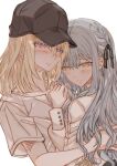  2girls bad_id bad_pixiv_id bang_dream! bang_dream!_it&#039;s_mygo!!!!! baseball_cap black_hat black_ribbon blonde_hair blue_hair blush collarbone hair_between_eyes hair_ribbon hat highres hug junjun_(kimi-la) long_hair long_sleeves medium_hair misumi_uika multiple_girls purple_eyes ribbon shirt short_hair sidelocks simple_background togawa_sakiko upper_body white_background white_shirt yellow_eyes yuri 