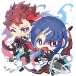 2boys alcryst_(fire_emblem) arrow_(projectile) blue_hair bow_(weapon) brothers diamant_(fire_emblem) fire_emblem fire_emblem_engage holding holding_bow_(weapon) holding_weapon multiple_boys one_eye_closed open_mouth red_eyes red_hair ryoto_soukyuu siblings weapon 
