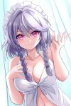  1girl bare_arms blush braid breasts closed_mouth collarbone commentary_request curtains dress eyelashes eyes_visible_through_hair grey_hair hair_between_eyes hair_intakes hand_on_own_chest hands_up happy happy_ginko highres indoors izayoi_sakuya large_breasts light_particles long_hair looking_at_viewer maid maid_headdress midriff pink_eyes sidelighting sleeveless sleeveless_dress smile solo split_mouth sundress touhou tsurime twin_braids upper_body white_dress 