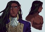  1boy abs ascot bara castlevania:_nocturne castlevania_(series) cheekbones cropped_torso crying dark-skinned_male dark_skin earrings from_side glint green_eyes highres jewelry long_hair male_focus multiple_views nipples nude olrox pectorals pointy_ears profile sad single_earring toned toned_male upper_body very_dark_skin vita-divata 