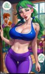  3girls arm_at_side aroma_sensei blue_sports_bra blush body_freckles braid breasts breath brown_hair caroline_(stardew_valley) cleavage curvy doorway dripping english_commentary exercise eyelashes flying_sweatdrops freckles green_eyes green_hair hand_on_wall head_tilt highres indoors jodi_(stardew_valley) large_breasts lips looking_to_the_side messy_hair multiple_girls navel open_mouth orange_hair pants patreon_username ponytail pov_doorway signature sitting speech_bubble sports_bra sportswear standing stardew_valley steaming_body stomach sunlight sweat sweatband talking tank_top twintails weightlifting wide_hips window wooden_floor workout_clothes yoga_mat yoga_pants 