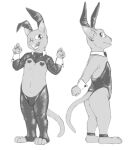 ambiguous_gender anthro bulge bunny_costume clothed clothing costume digital_media_(artwork) domestic_cat duo fake_ears fake_rabbit_ears felid feline felis lazzzy_drawings male mammal monochrome pasties paws reverse_bunny_costume simple_background sketch smile tail tongue tongue_out