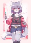  1girl absurdres animal_ear_fluff animal_ears animal_hands animal_nose ankle_socks bandaid bandaid_on_face bandaid_on_leg belt beru_(kuro_kemo28) black_belt black_shirt black_socks black_straps blue_shorts candy cat_ears cat_girl cat_paws cat_tail food furry furry_female grey_fur grey_hair highres holding holding_candy holding_food jacket looking_at_viewer multicolored_hair original pawpads red_eyes red_hair red_jacket shirt short_hair shorts signature socks solo tail tongue tongue_out white_fur 