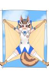  1girl animal_ears blanket blue_sky boots brown_eyes brown_hair chipmunk_ears chipmunk_girl chipmunk_tail elbow_gloves extra_ears gloves highres kemono_friends kemono_friends_v_project looking_at_viewer microphone ribbon shirt short_hair shorts siberian_chipmunk_(kemono_friends) sky sleeveless sleeveless_shirt solo tail tengt_e thighhighs vest virtual_youtuber 