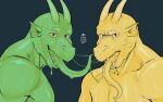 absurd_res anthro bambii_arts bodily_fluids dragon duo goo_creature grumpy hi_res horn kissing long_tongue male male/male muscular mythological_creature mythological_scalie mythology saliva saliva_string scalie tongue