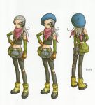  1girl absurdres ankle_boots arm_at_side bag bare_shoulders belt belt_chain beret black_pantyhose black_tank_top blue_eyes blue_hat boots breasts brown_gloves chain character_request clenched_hands closed_mouth commentary denim denim_shorts detached_sleeves dragon_quest dragon_quest_monsters dragon_quest_monsters_joker_3 facing_away facing_viewer fingerless_gloves from_behind full_body gloves green_bag green_belt green_sleeves hair_over_shoulder hand_on_own_hip hat headset highres long_hair midriff navel neckerchief official_art pantyhose parted_bangs pink_lips pink_neckerchief platform_boots platform_footwear raised_eyebrow reference_sheet serious shorts shoulder_bag sideways_glance simple_background small_breasts solo straight_hair tank_top toriyama_akira torn_clothes torn_pantyhose tsurime velcro_footwear white_background white_hair yellow_footwear 