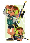  1girl bike_shorts black_footwear border chibi chibi_inset commentary_request commission coula_cat cross-laced_footwear eyewear_on_head green_background green_hair gun holding holding_gun holding_weapon ink_tank_(splatoon) inkling inkling_girl inkling_player_character medium_hair multiple_views open_mouth outside_border pointy_ears red-framed_eyewear scope shoes smile splat_charger_(splatoon) splatoon_(series) splatoon_3 standing sunglasses tan teeth tentacle_hair thank_you weapon white_border 